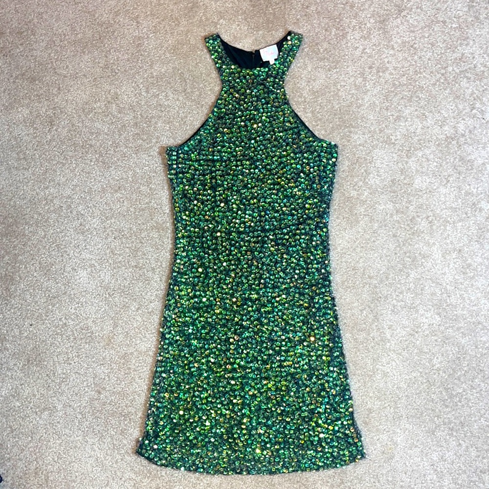 LIKE NEW!! Parker Beaded & Sequin Mini Cocktail Dress 💚 Green Iridescent Size M